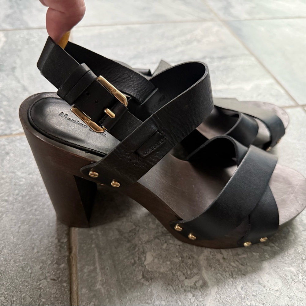 Black Leather Wedge Sandals with Gold Stud Accents